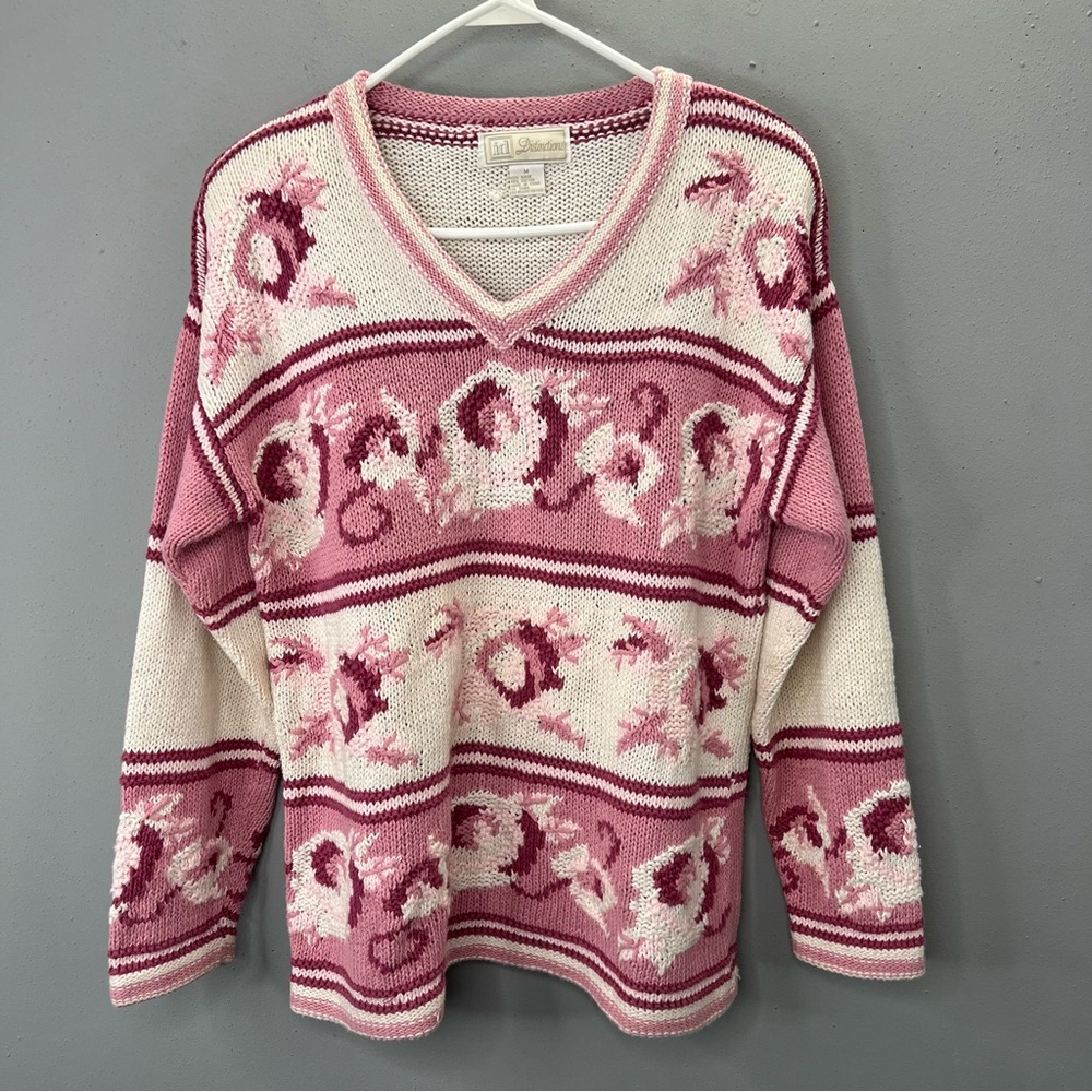 Vintage Chunky Knit Sweater M Pink White Floral Rose Id Distinctions 80s 90s